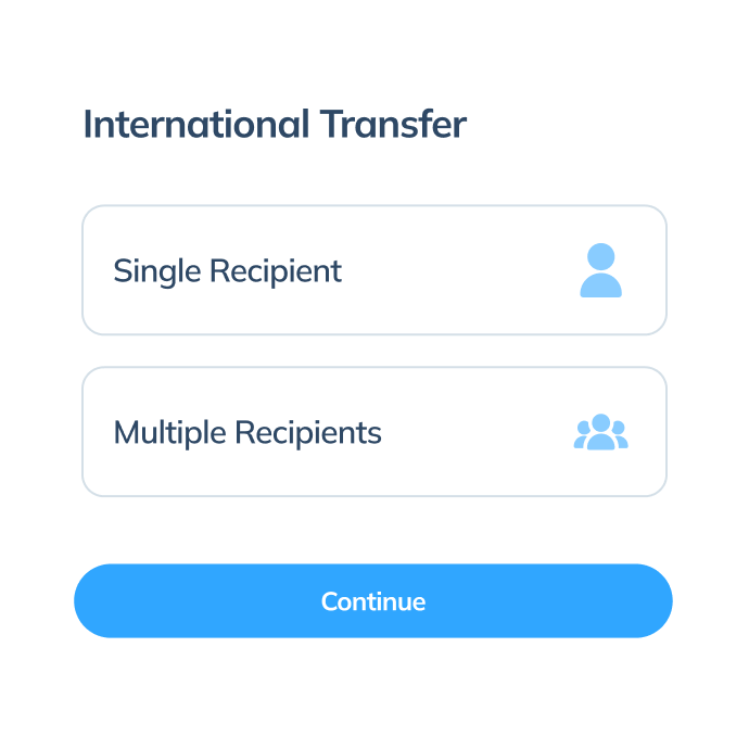 Display of the second step in an international transaction on the Topremit app, showing transfer options for “Single Recipient” or “Multiple Recipients”.