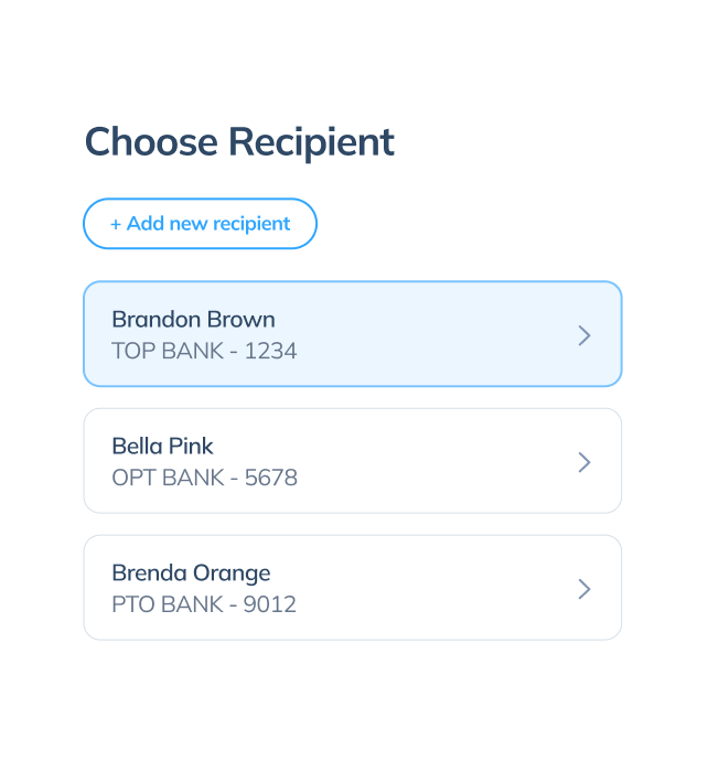 Display of the fourth step in an international transaction on the Topremit app by selecting an existing recipient or entering new recipient details.
