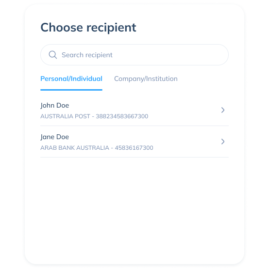 Display of the fourth step in an international transaction on the Topremit app by selecting an existing recipient or entering new recipient details.