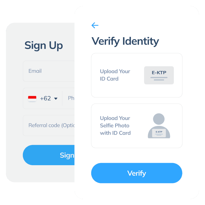 Display of the first step for a transaction via the Topremit app, including account registration via email and phone number, and identity verification using an ID card.