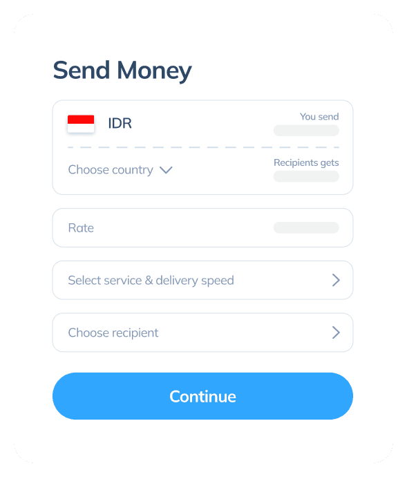 Display of the third step in an international transaction on the Topremit app showing the destination country, exchange rate, service, and recipient.